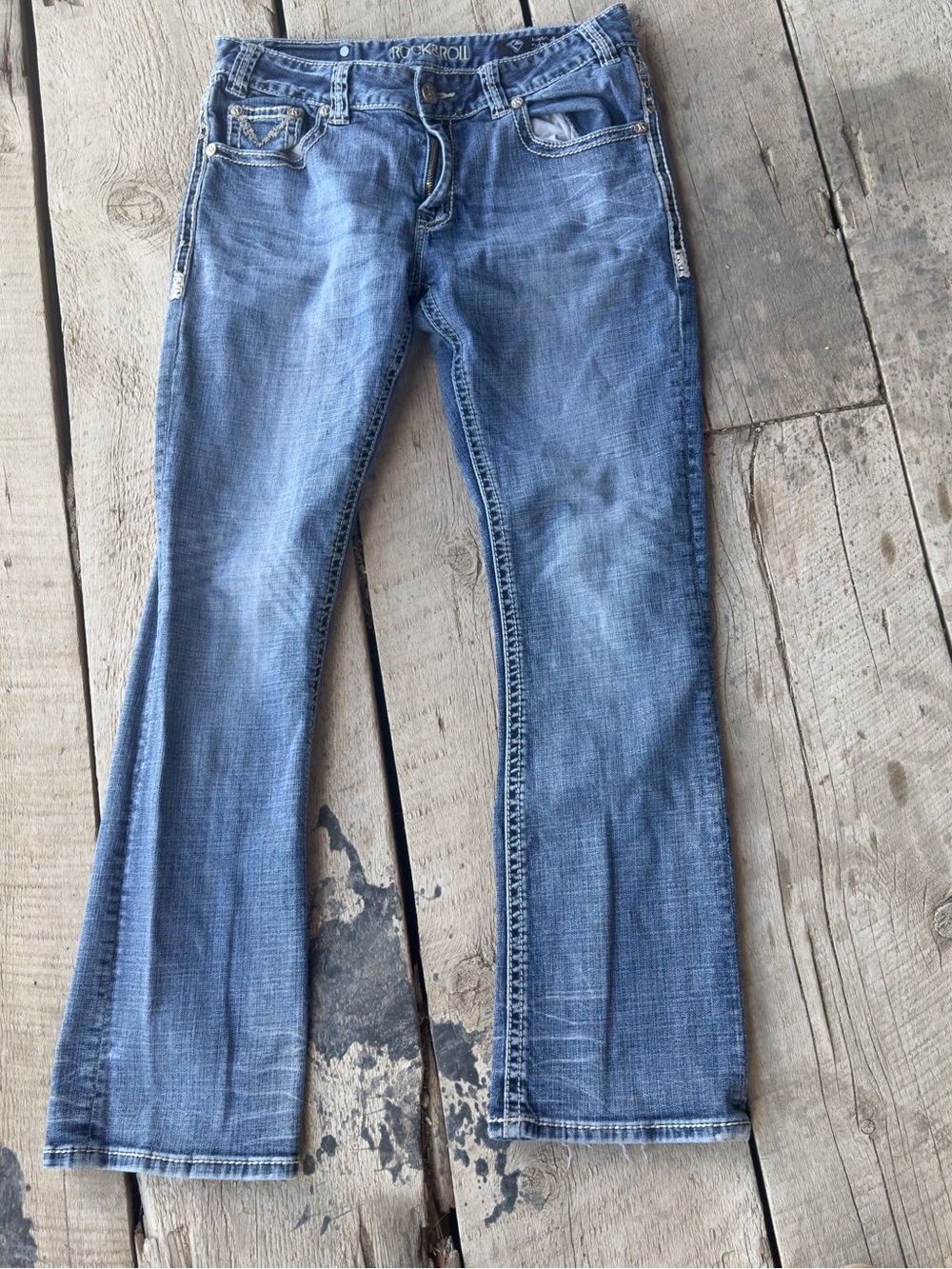 Rock & Roll Cowgirl Boyfriend Jeans 29x32 Bootcut Distressed Stretch Denim